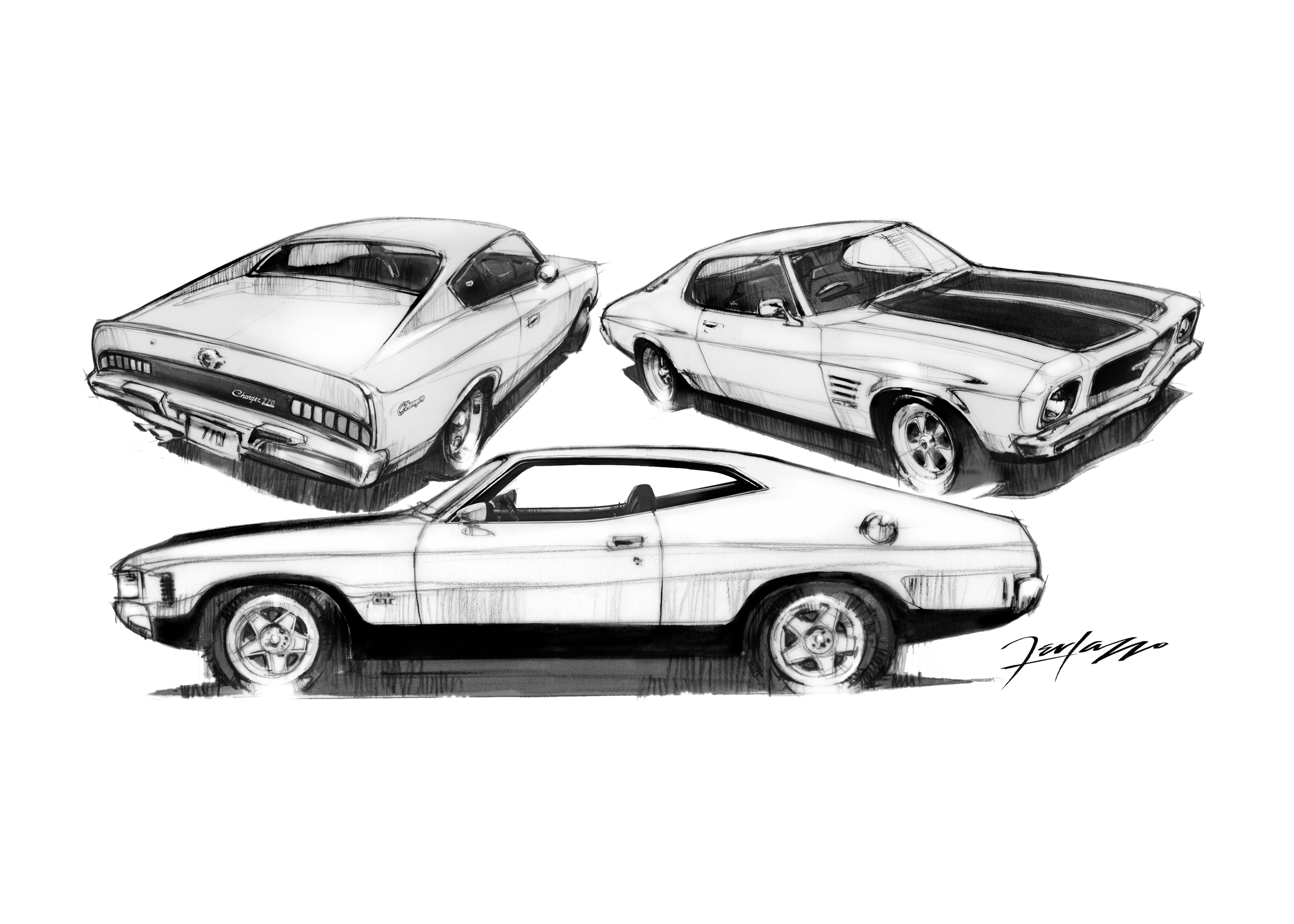 Aussie Muscle Car Sketch Trio FERLAZZO