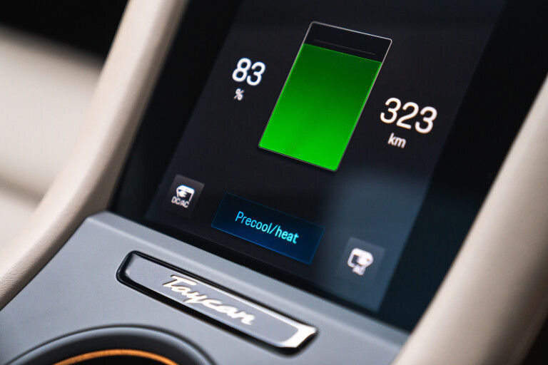 Wheels Reviews 2022 Porsche Taycan Australia Interior Front Centre Console Battery Charge Status