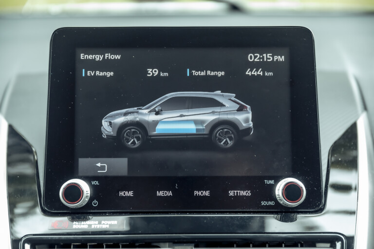 Wheels Reviews 2021 Mitsubishi Eclipse Cross PHEV Aspire White Interior Infotainment Screen Battery Charge Status