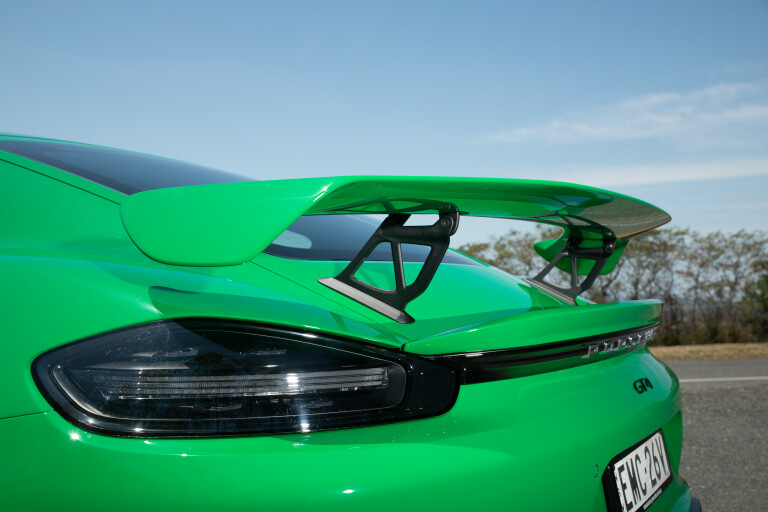 Wheels Reviews 2021 Porsche 718 Cayman GT 4 Python Green Detail Rear Wing Australia M Williams