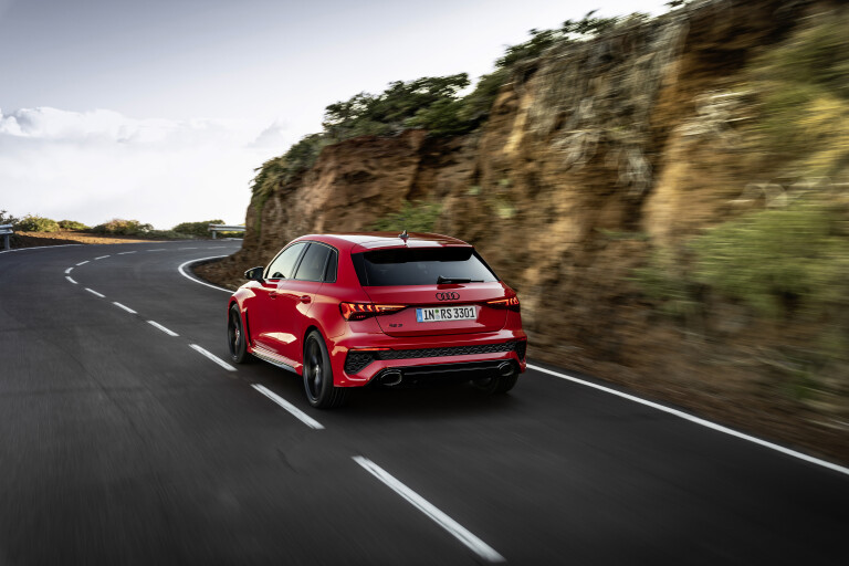 Wheels Reviews 2022 Audi RS 3 Sportback Tango Red Dynamic Rear Country Roads Euro Spec