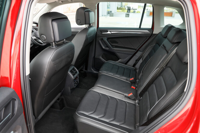 Wheels Reviews 2022 Volkswagen Tiguan 147 TDI Elegance King Red Metallic Interior Rear Seat Legroom Headroom Space Australia C Brunelli