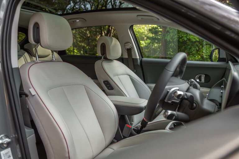 Wheels Reviews 2021 Hyundai Ioniq 5 Galactic Gray Interior Front Seat Australia