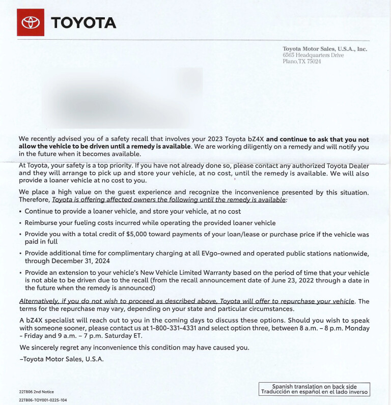 TOYOTA BUY BACK LETTER TO BZ 4 X OWNERS