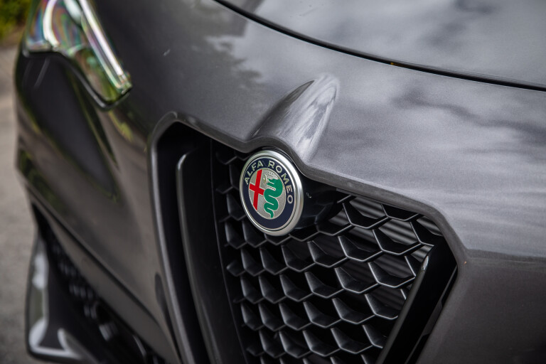 Wheels Reviews 2021 Alfa Romeo Stelvio Veloce Vesuvio Grey Detail Front Badge Australia S Rawlings