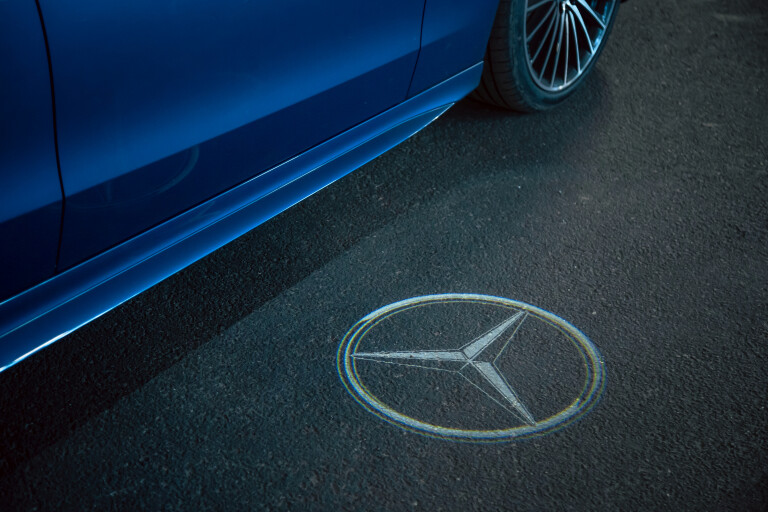 Wheels Reviews 2022 Mercedes Benz C 300 Spectral Blue Metallic Australia Detail Puddle Light Badge
