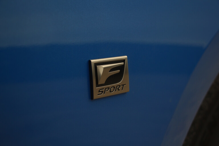 Motor Reviews 2022 Lexus IS 500 F Sport Performance Ultrasonic Blue Mica US Spec Detail Front Fender Badge