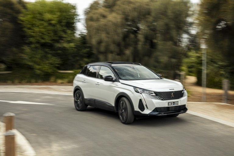 Wheels Reviews 2022 Peugeot 3008 GT Sport Plug In Hybrid Pearl White Australia Dynamic Front 2 A Brook