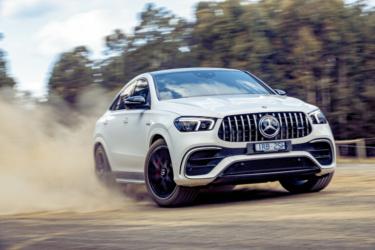 Wheels Reviews 2021 Mercedes AMG GLE 63 S Coupe White Dynamic Front Oversteer Dust Track