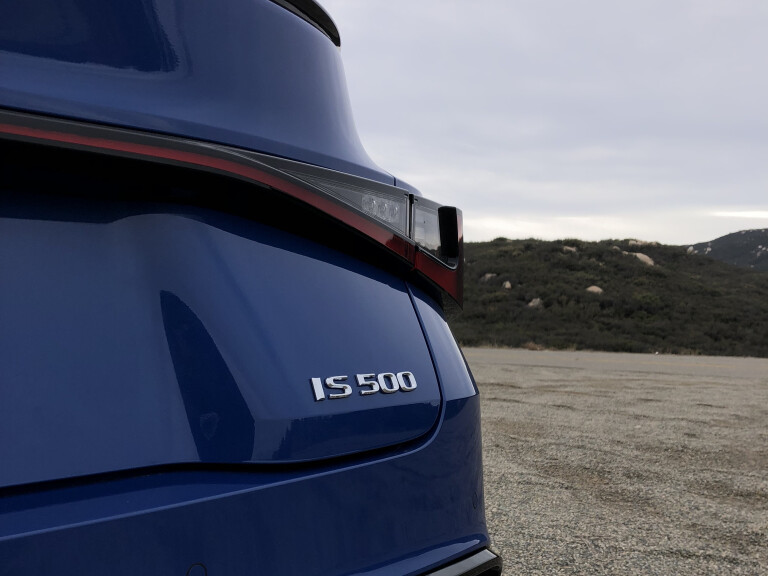 Motor Reviews 2022 Lexus IS 500 F Sport Performance Ultrasonic Blue Mica US Spec Detail Tailgate Badge