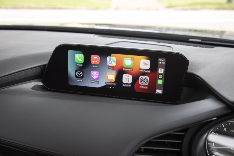 Wheels Reviews 2022 Mazda 3 G 25 Evolve SP Sedan Australia Interior Infotainment Screen Apple Car Play Menu S Rawlings