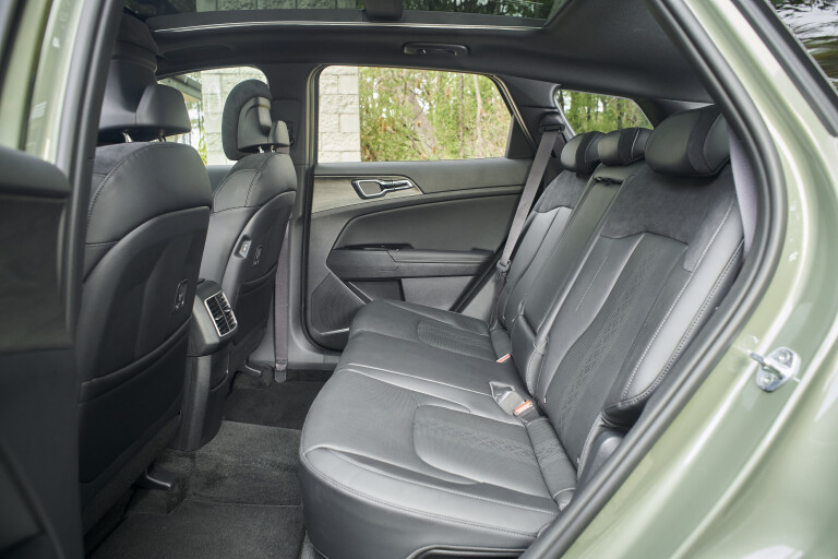 Wheels Reviews 2022 Kia Sportage GT Line Jungle Wood Green Interior Rear Seats Headroom Legroom Australia
