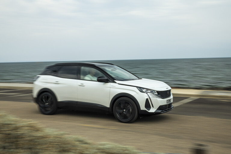 Wheels Reviews 2022 Peugeot 3008 GT Sport Plug In Hybrid Pearl White Australia Dynamic Front 7 A Brook