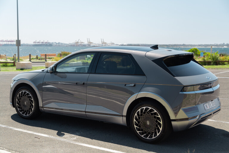 Wheels Reviews 2021 Hyundai Ioniq 5 Galactic Gray Static Rear Side Australia