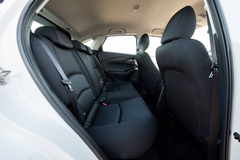 Wheels Reviews 2021 Mazda CX 3 Neo Snowflake White Pearl Mica Australia Interior Rear Seat Legroom Headroom Space J Strickland