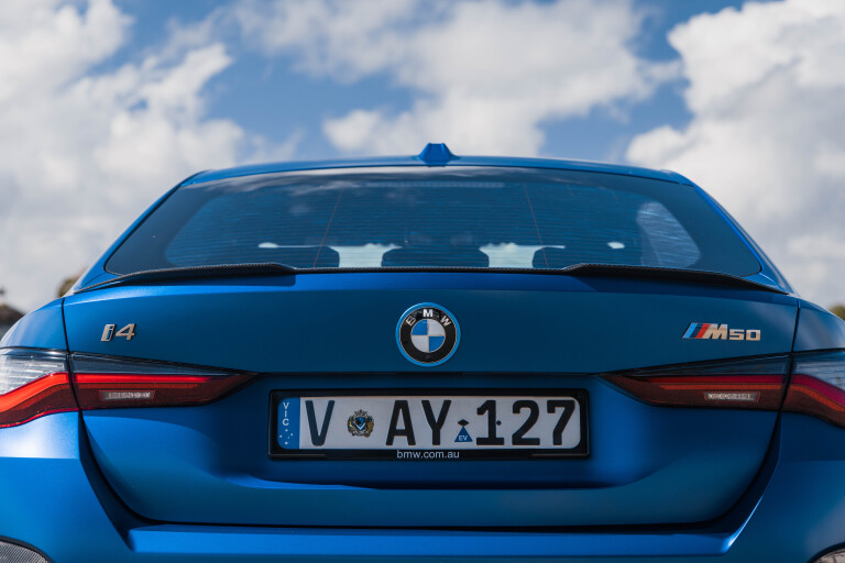 Wheels Reviews 2022 BMW I 4 M 50 Individual Frozen Portimao Blue Metallic Australia Detail Tailgate 03 G Sullivan