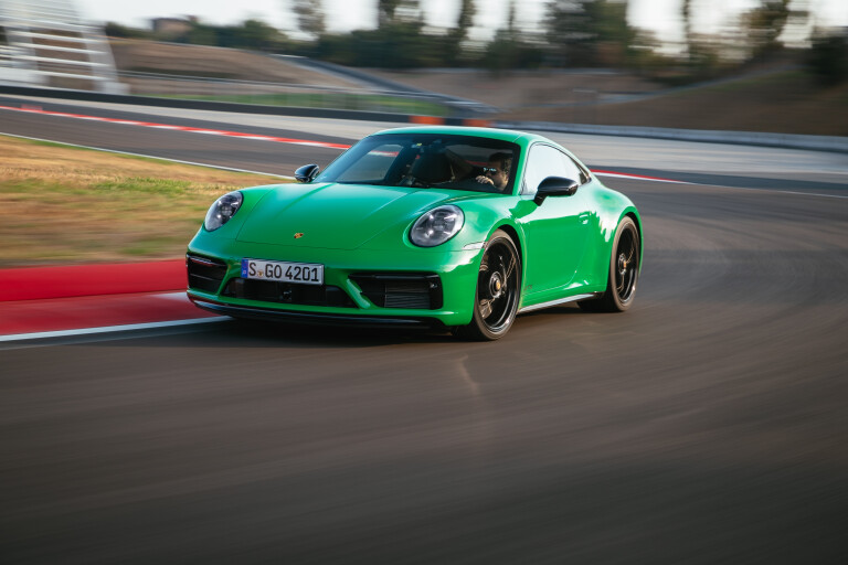 Wheels Reviews 2021 Porsche 911 Carrera GTS Python Green Dynamic Front Track Cornering Right