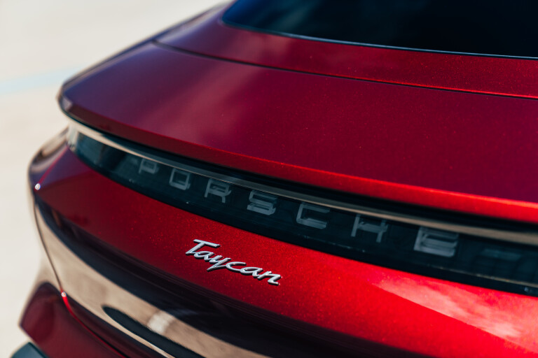 Wheels Reviews 2022 Porsche Taycan Cherry Metallic Australia Detail Rear Nameplate 2