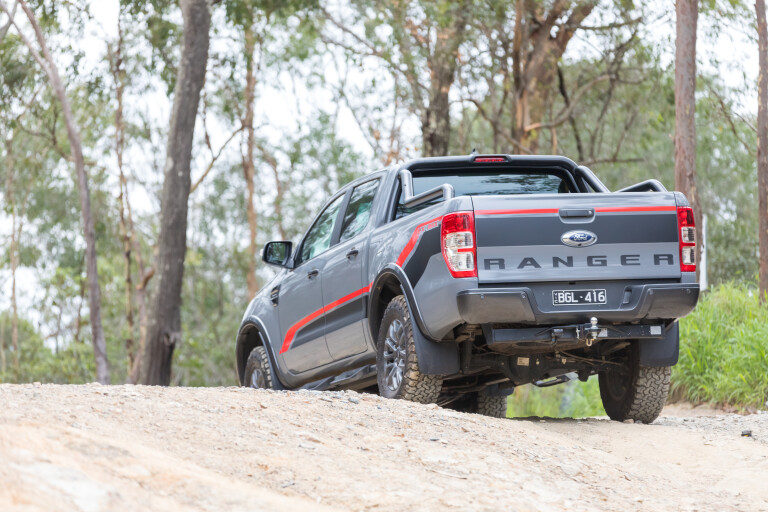 Wheels Reviews 2021 Ford Ranger FX 4 MAX Conquer Grey Australia Dynamic Off Road Rear Low Angle M Williams