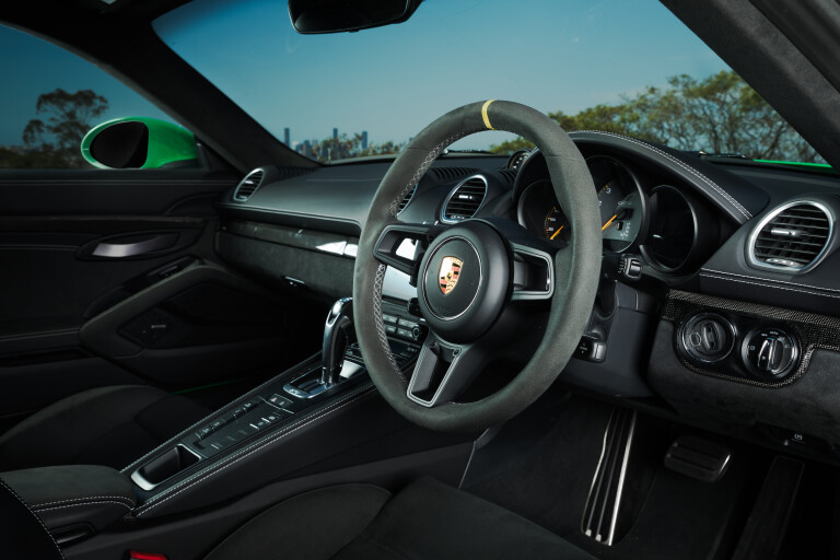 Wheels Reviews 2021 Porsche 718 Cayman GT 4 Python Green Interior Australia M Williams