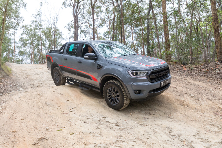 Wheels Reviews 2021 Ford Ranger FX 4 MAX Conquer Grey Australia Dynamic Off Road Front Side Downhill M Williams