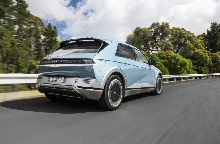 Wheels Reviews 2022 Hyundai Ioniq 5 AWD Lucid Blue Australia Dynamic Rear 3 C Brunelli
