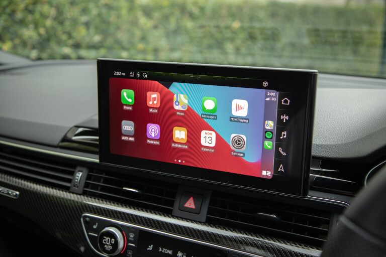 Wheels Reviews 2021 Audi S 5 Coupe District Green Metallic Interior Infotainment Screen Car Play Menu