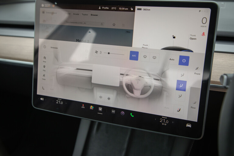 Wheels Reviews 2022 Tesla Model 3 Deep Blue Metallic Australia Detail Infotainment Screen Climate Controls S Rawlings