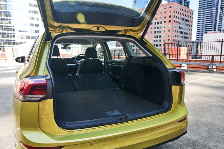 Wheels Reviews 2021 Volkswagen Golf Wagon Life Pomelo Yellow Premium Metallic Interior Luggage Cargo Space Rear Seats Folded Australia J Ostwald
