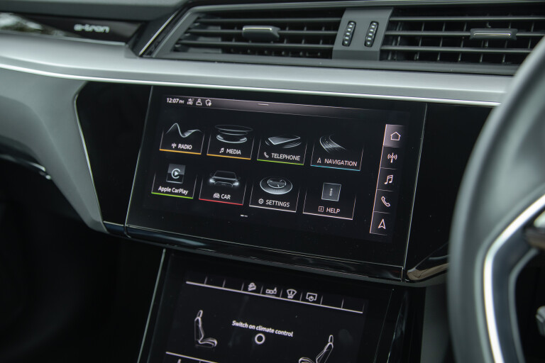Wheels Reviews 2021 Audi E Tron 50 Sportback Catalunya Red Interior Infotainment Screen Main Menu