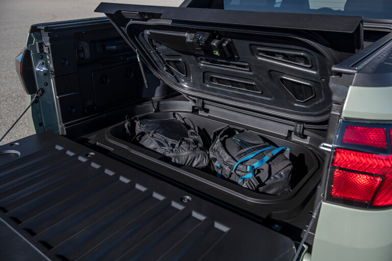 Wheels Reviews 2022 Hyundai Santa Cruz Sage Gray Green Rear Bed Underfloor Storage
