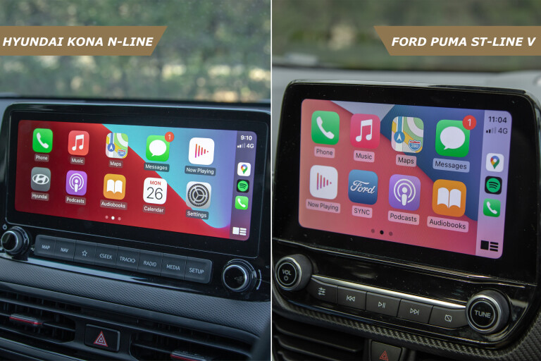 Wheels Reviews 2021 Hyundai Kona N Line Vs Ford Puma ST Line V Comparison Interior Infotainment Screen