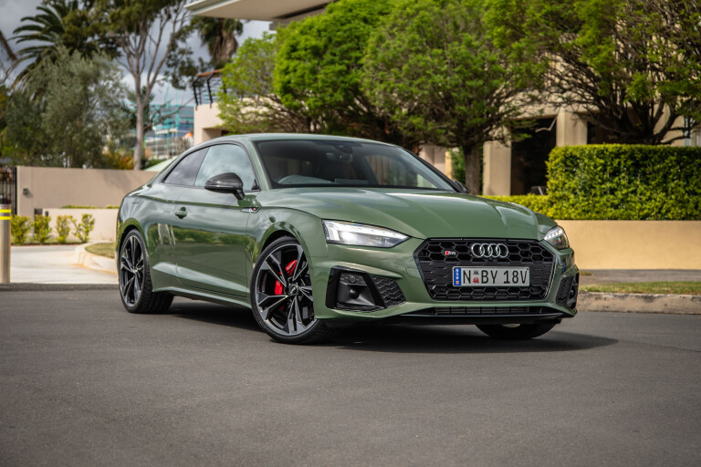 Wheels Reviews 2021 Audi S 5 Coupe District Green Metallic Static Front Low Angle