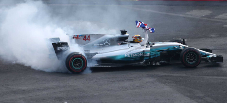 Lewis Hamilton Mercedes-AMG F1 donuts.