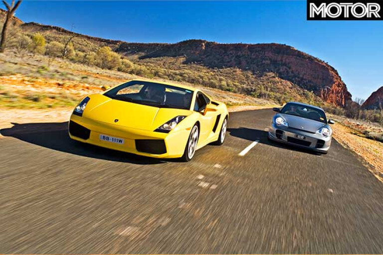 Lamborghini Gallardo and Porsche 911 GT2 driving in the Australian outback.