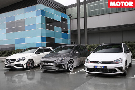 Ford Focus RS vs Mercedes-AMG A45 vs VW Golf GTI 40 Years parked