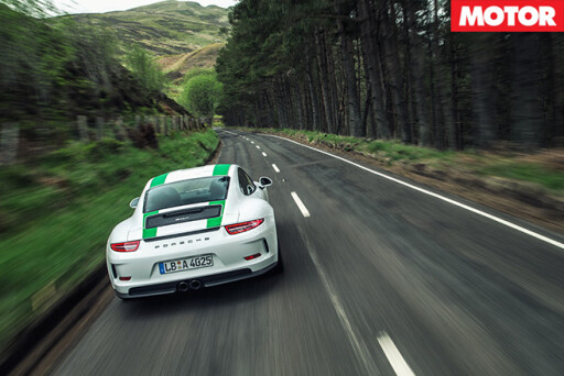 Porsche 911 R rear driving highlands