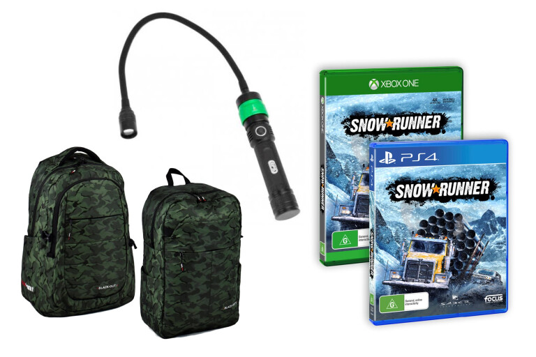 Blackwolf backpack, EFS tactical torch and SnowRunner game