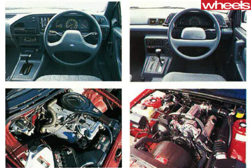 1988-Ford -Falcon -EA-26-vs -Holden -Commodore -VN-interiors -and -engines