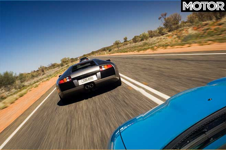 Lamborghini Murcielago driving in the outback.