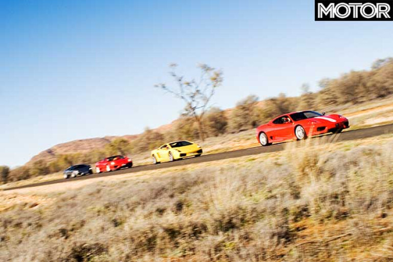 Ferrari 360 Challenge Stradale, Lamborghini Gallardo and Lamborghini Murcielago driving in the Australian outback.