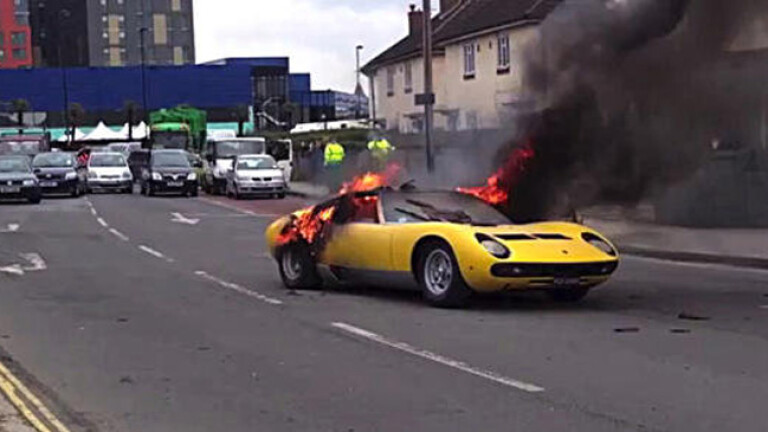 The owner of a Lamborghini Miura P400 SV was forced to watch helplessly as his classic supercar went up in flames on a London street.
