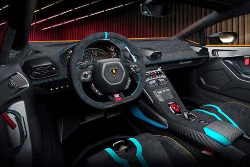 The interior is swathed in carbon fibre and alcantara