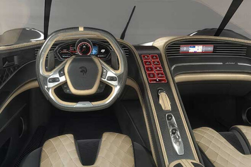 The Ares S1 supercar has a luxurious interior full of leather, aluminium and carbon fibre.