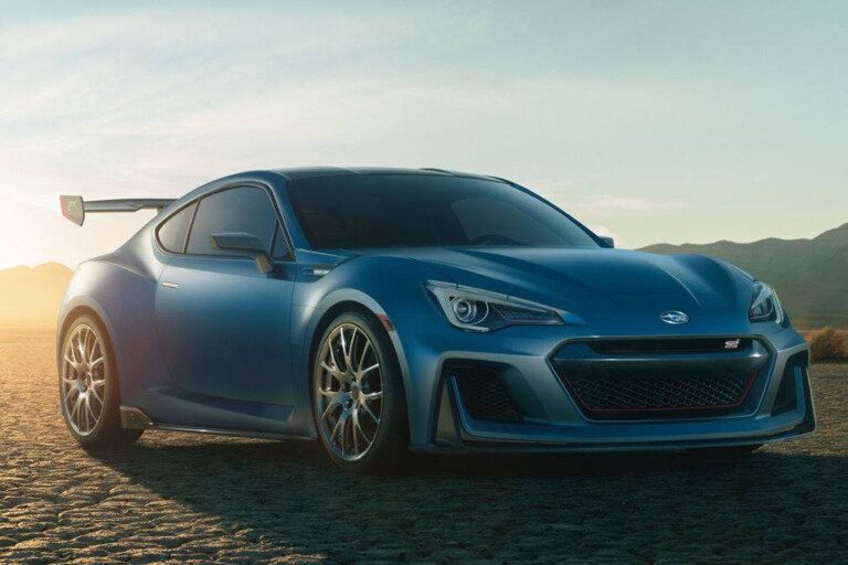 Embrace the beauty of simplicity with a 2022 Subaru BRZ, cruising through a  tranquil countryside road on a sunny day