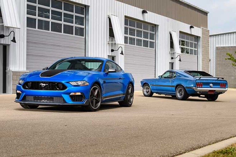 2021 Ford Mustang Mach 1 parked alongside a 1969 Ford Mustang Mach 1.