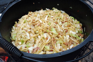 Cabbage and bacon, with noodles