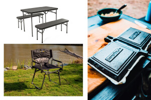 OzTrail Director’s Chair + Oztrail Ironside tables + Campfire jaffle irons