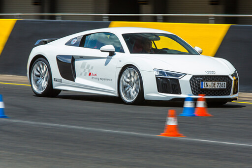 Audi -R8-driving -front -side -around -cones