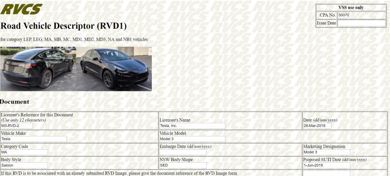 RHD Tesla Model 3 RVSC document